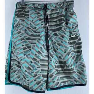 Mens Nike Sz M Swim Trunk Shorts Aqua Gray Print Pockets Tie Front